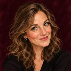 Portretillustratie van Febe, een vrouw met kort blond haar en een lichte glimlach, getekend in warme pasteltinten
